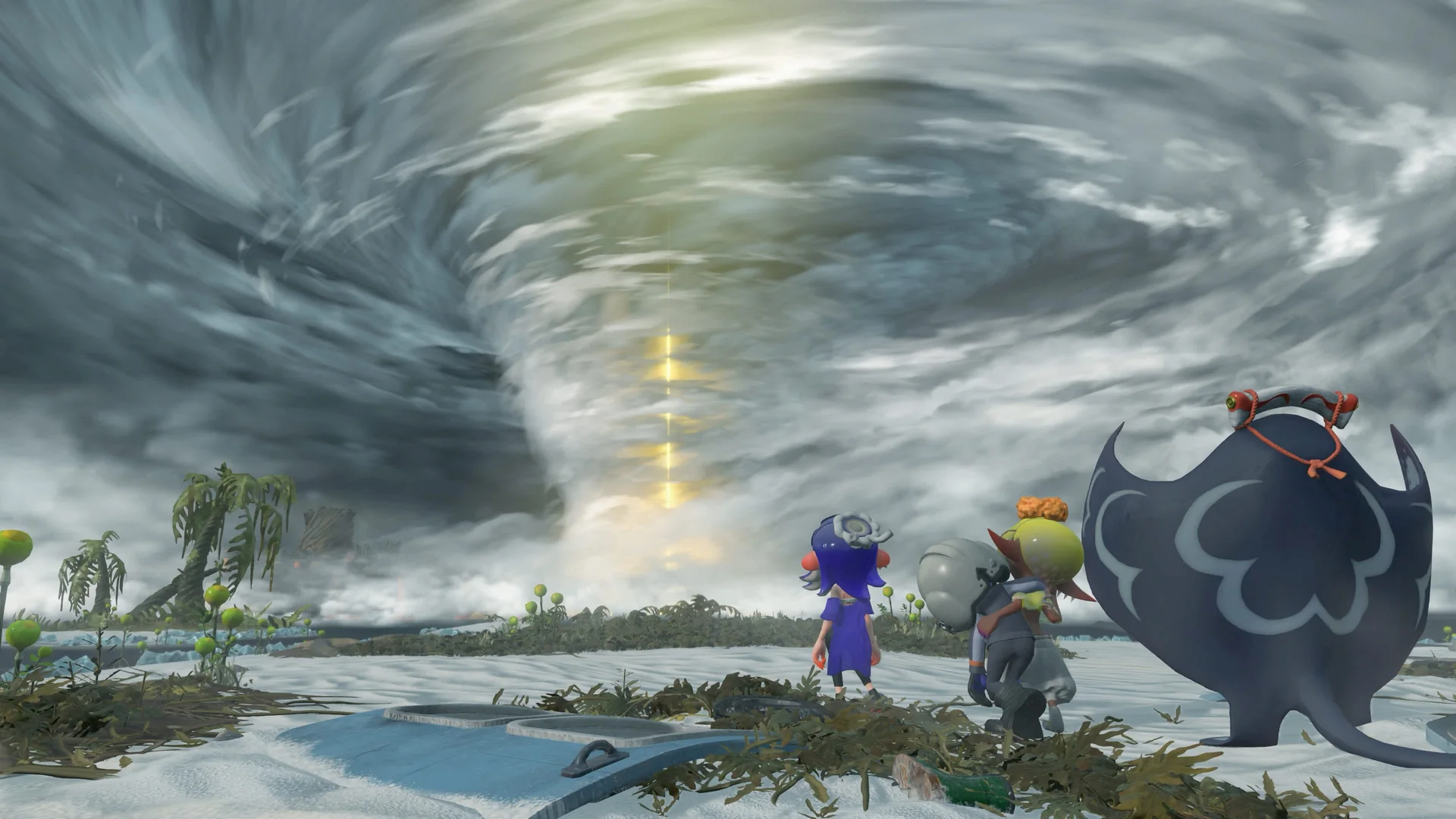 The Mechanic and Deep Cut face a storm in an official Splatoon Raiders trailer frame