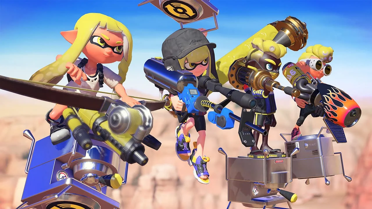 Four Splatoon 3 players carrying different ink weapons into battle