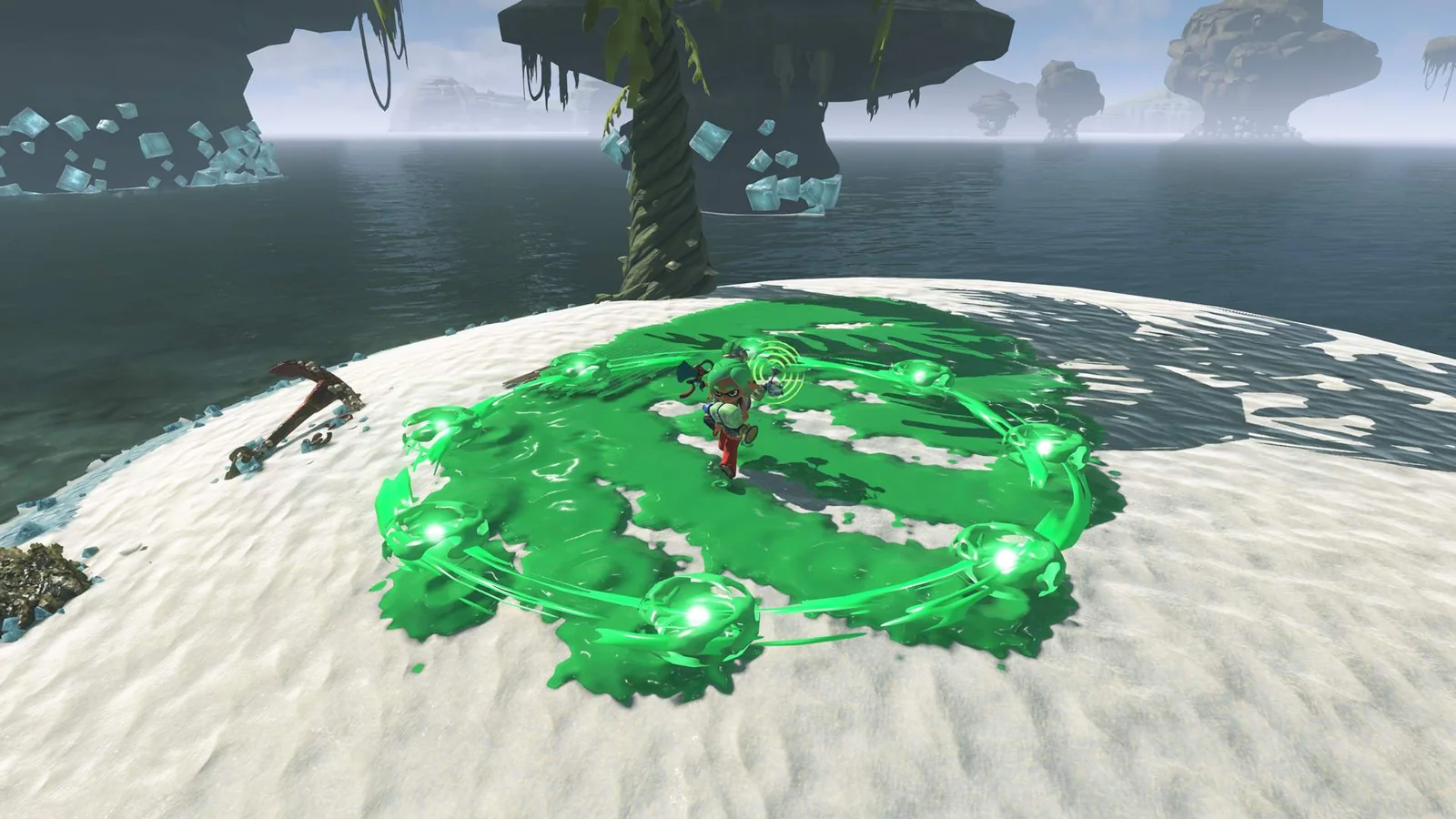 Splatoon Raiders mechanic using green ink during an island raid