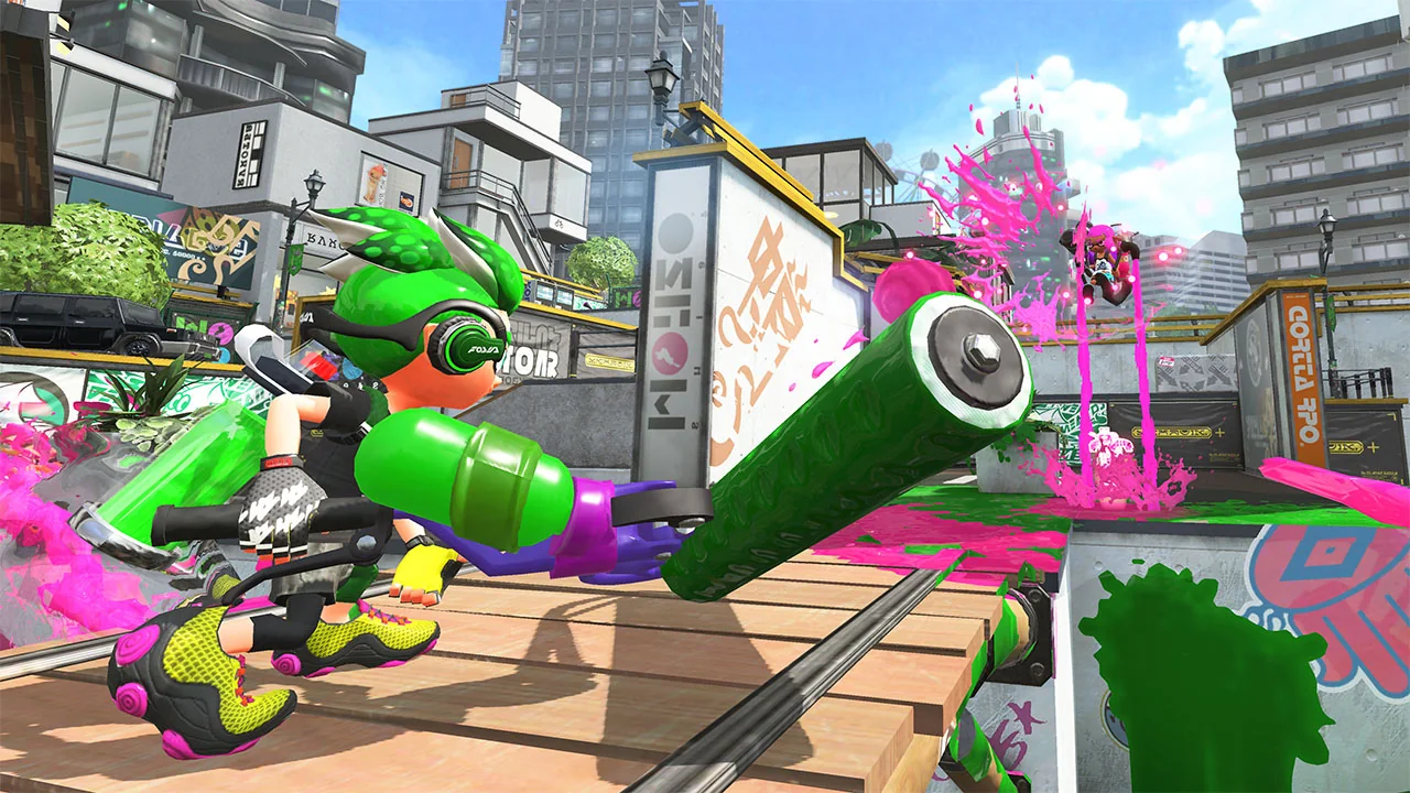 A colorful Splatoon 2 Turf War battle on Nintendo Switch