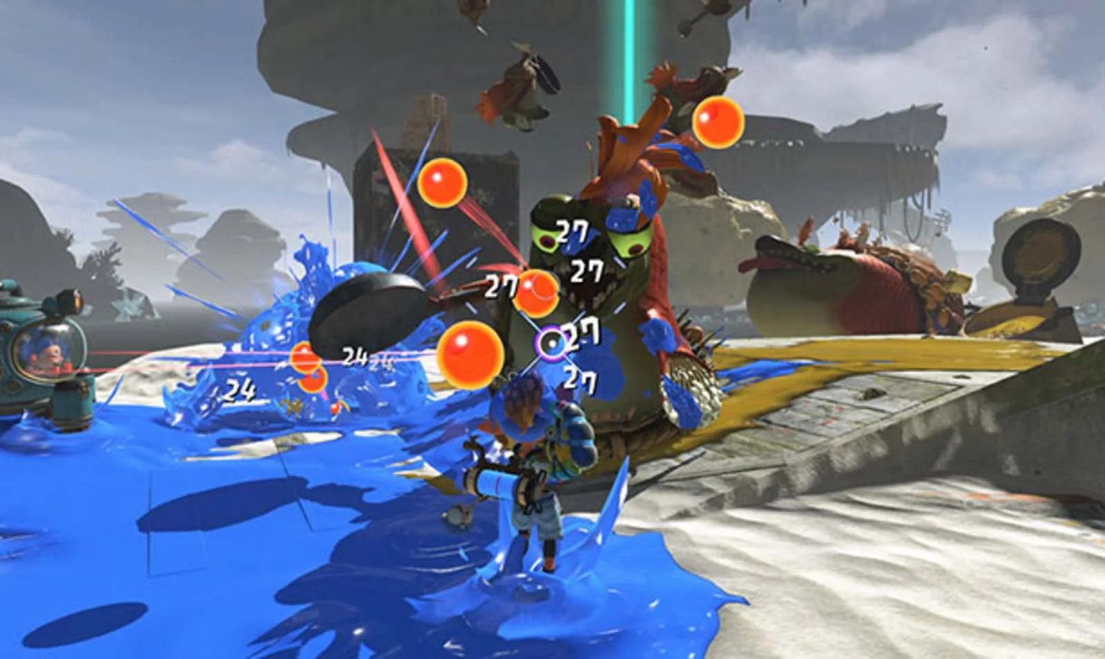 The Mechanic using a salvaged main weapon against Salmonids in Splatoon Raiders