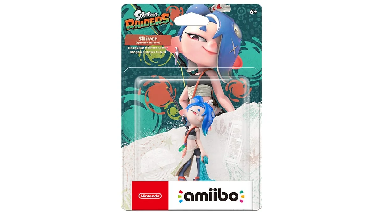 Official U.S. retail-card packaging for the Shiver Splatoon Raiders amiibo