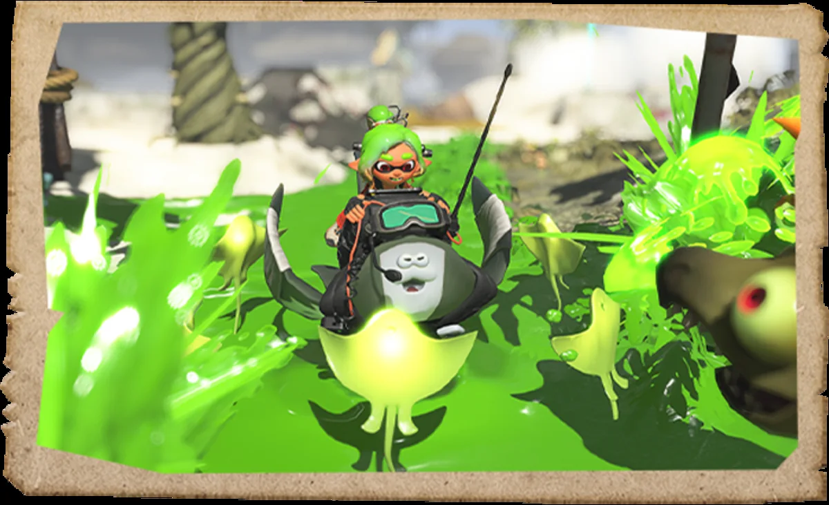 The Mechanic riding a green relic-powered creature through a Salmonid encounter