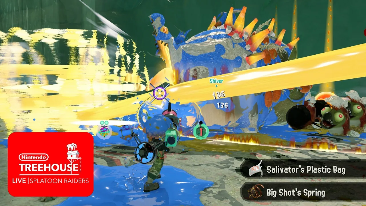Several players using different weapon roles during a Splatoon Raiders co-op battle
