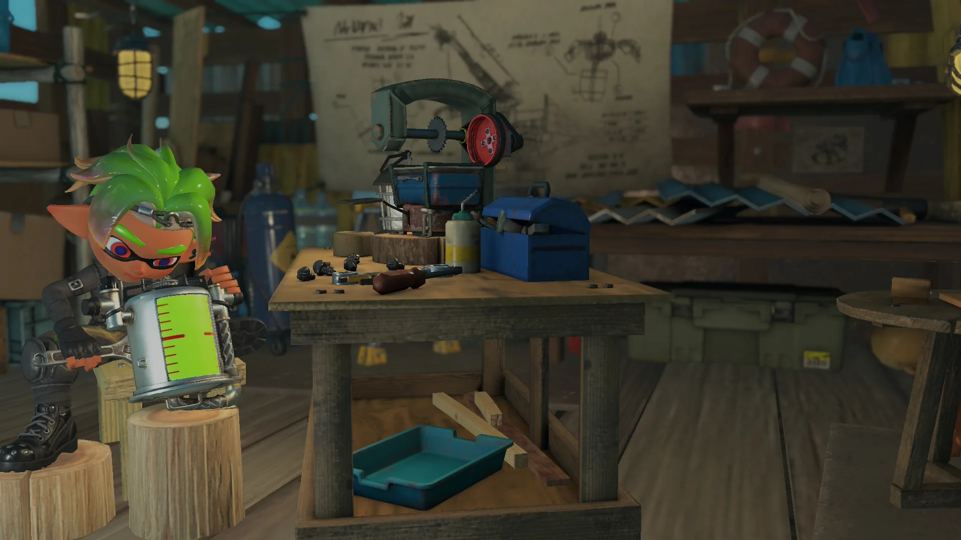 The Mechanic wearing a distinctive black outfit inside the Hideout workshop