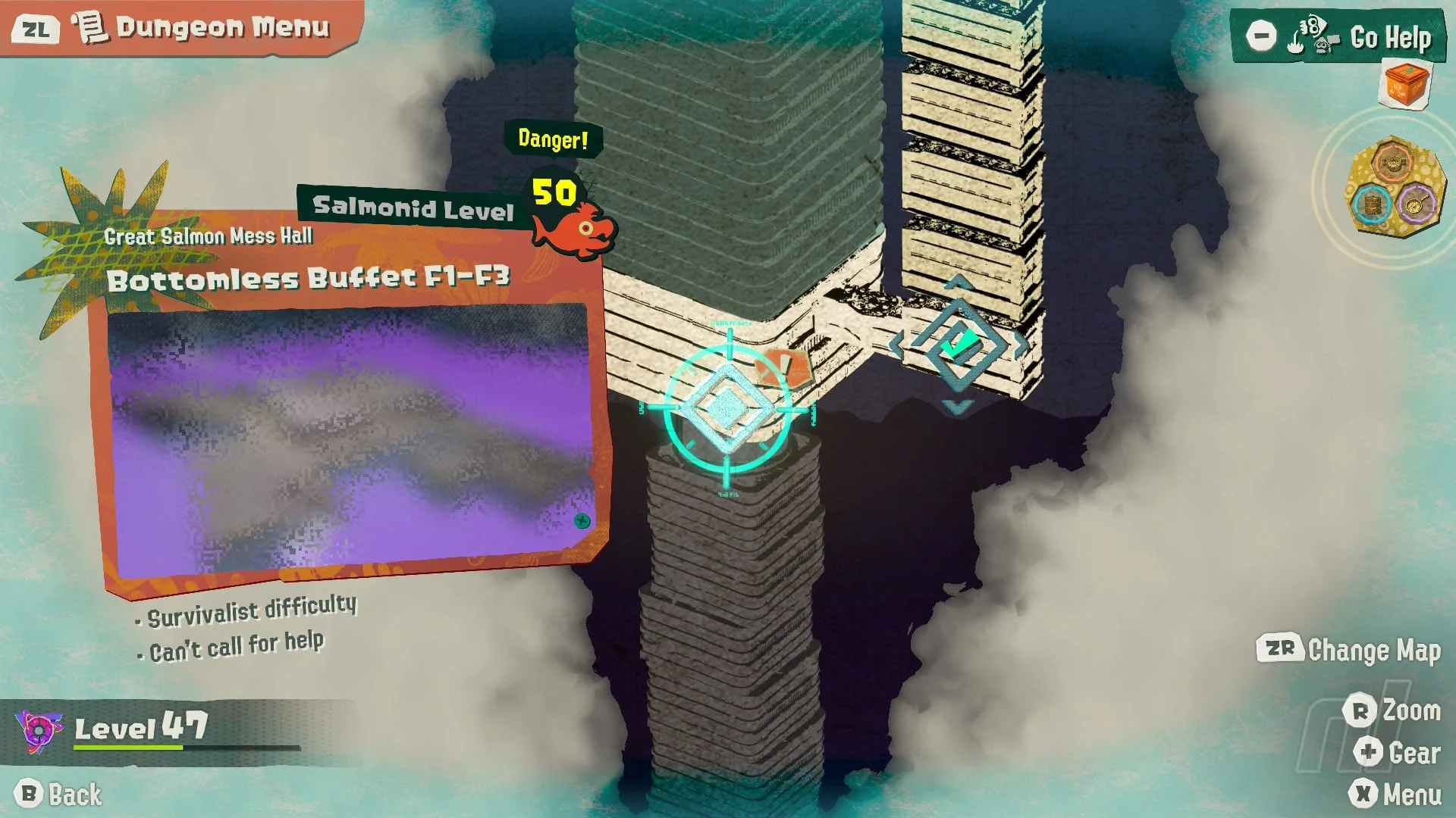 Bottomless Buffet floors 1 to 3 shown on the Splatoon Raiders dungeon map