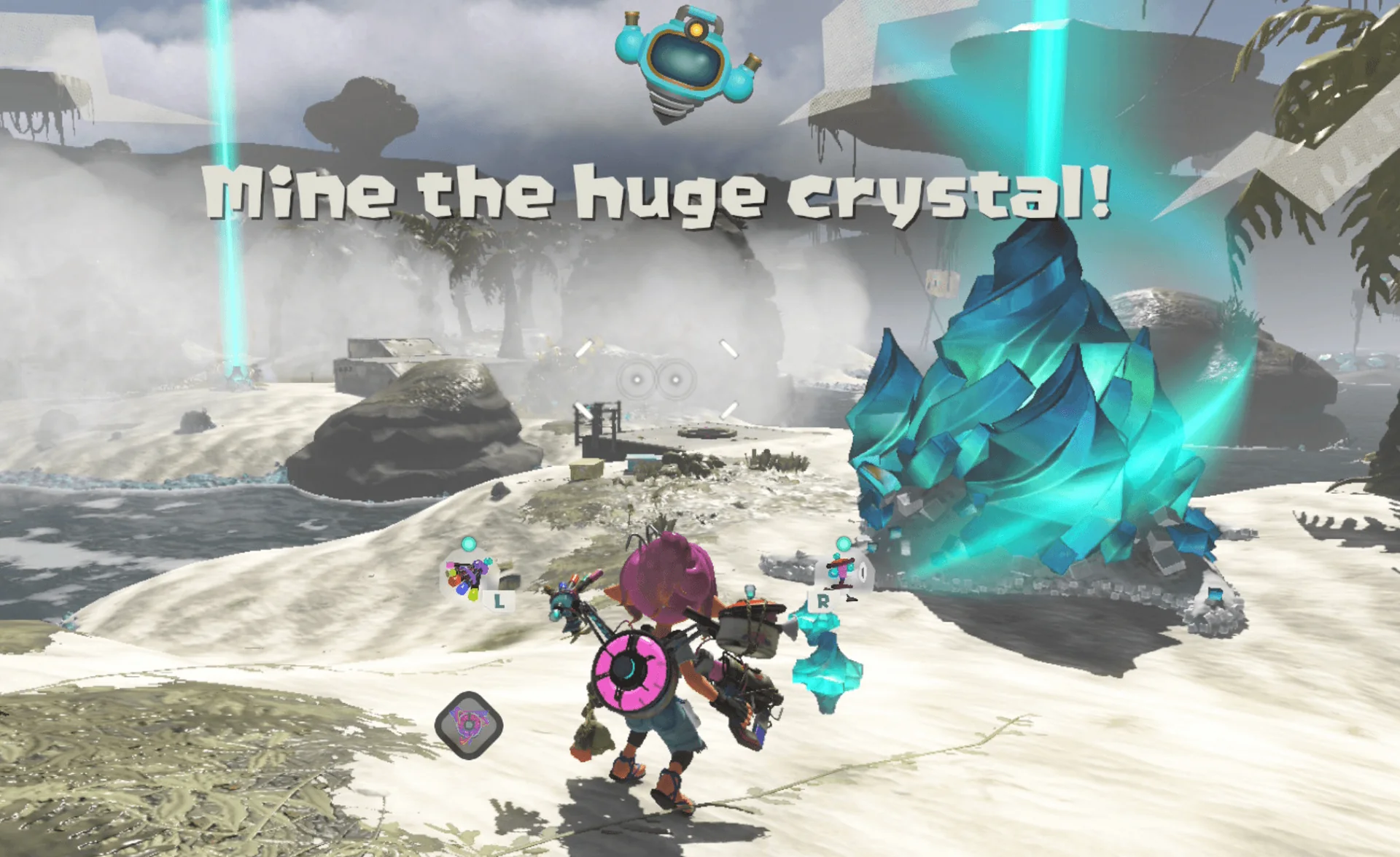 The Mechanic and Exploration Bot mining Spirhalite during a Splatoon Raiders raid