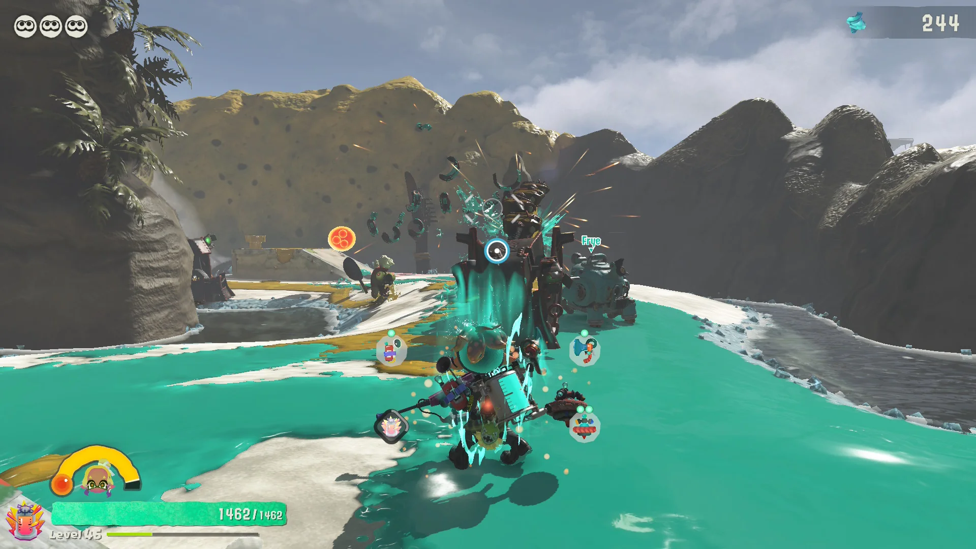 The Mechanic fighting a dense group of Salmonids while collecting Power Eggs