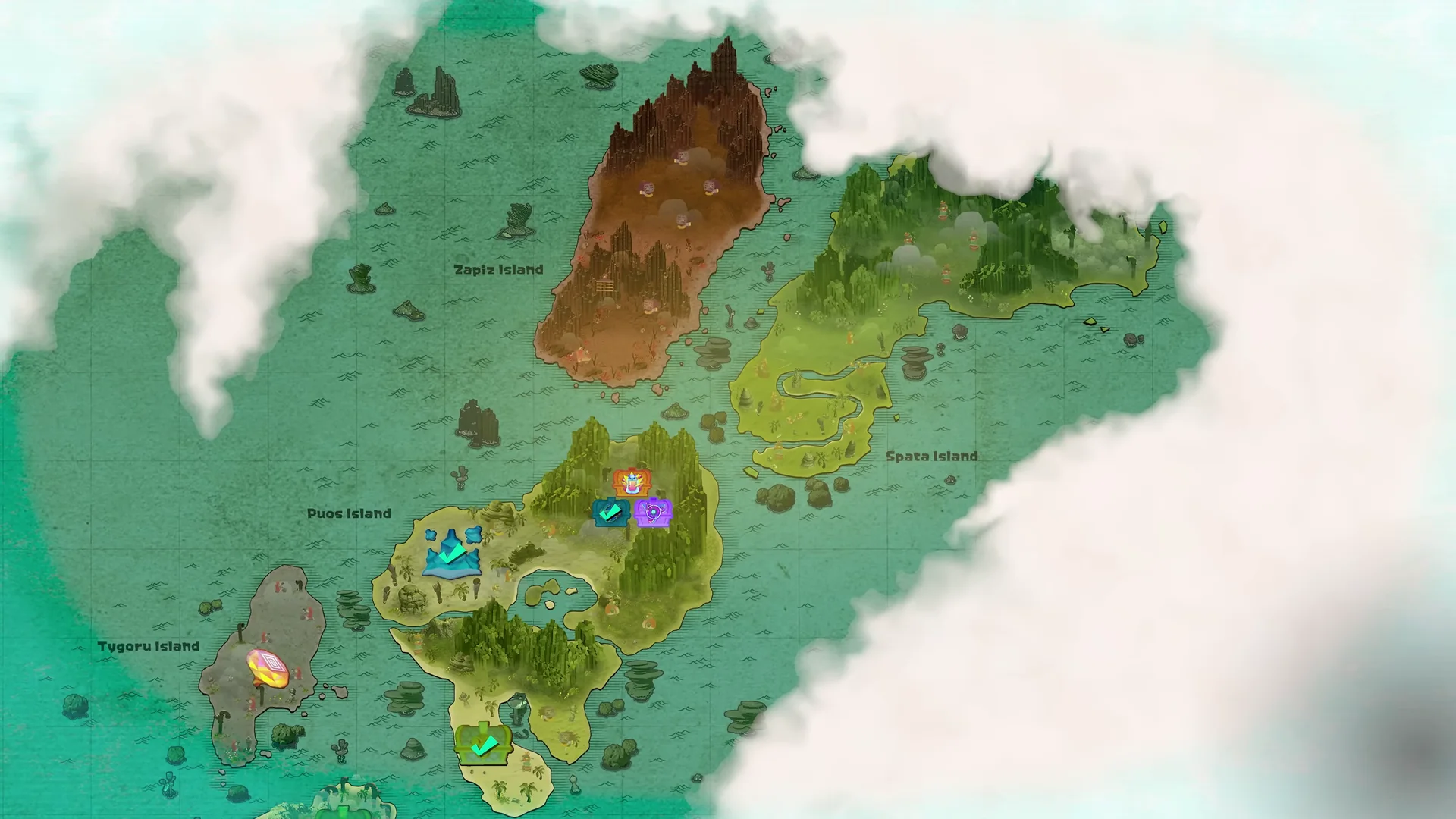 The Splatoon Raiders Treasure Map showing named islands, discovered markers, and surrounding fog