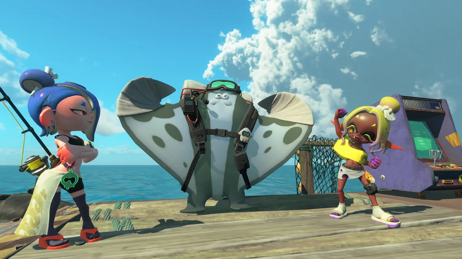 Shiver, Big Man, and Frye standing together at the Hideout Ship in Splatoon Raiders