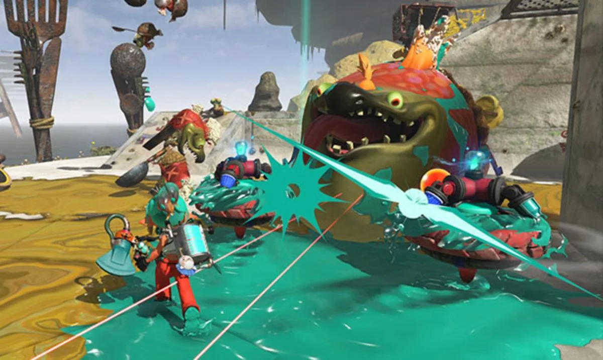 The Mechanic fighting a large Salmonid during a Splatoon Raiders encounter