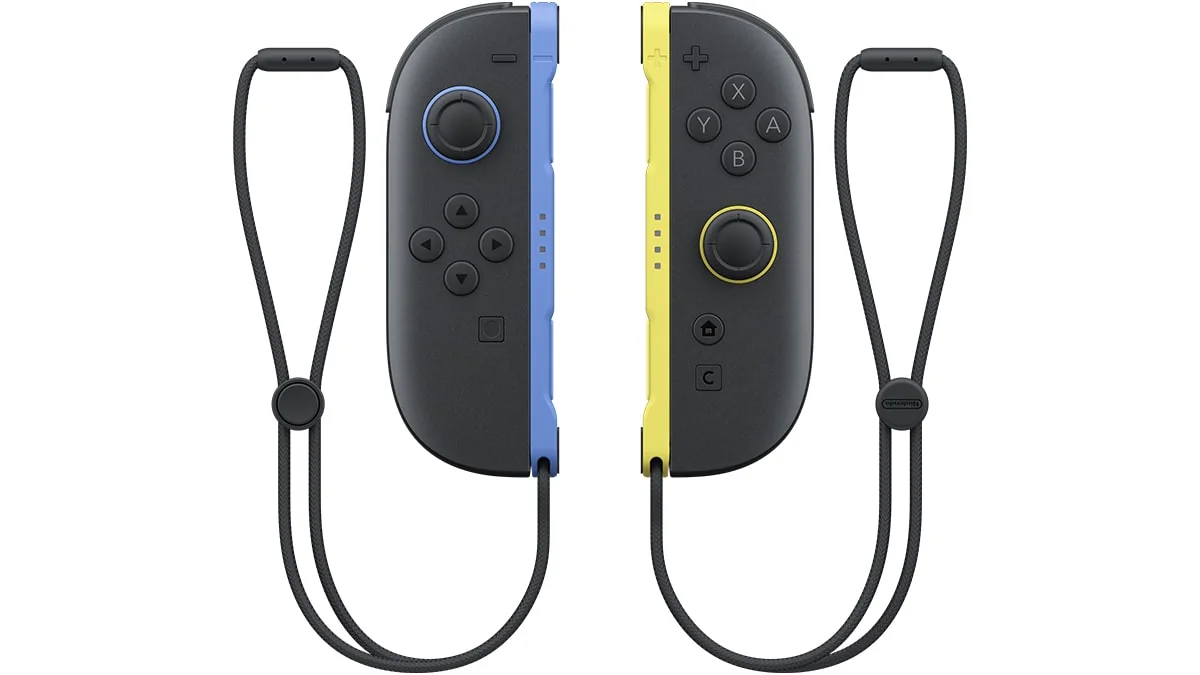 Official Blue and Light Yellow Joy-Con 2 controller pair with matching wrist straps