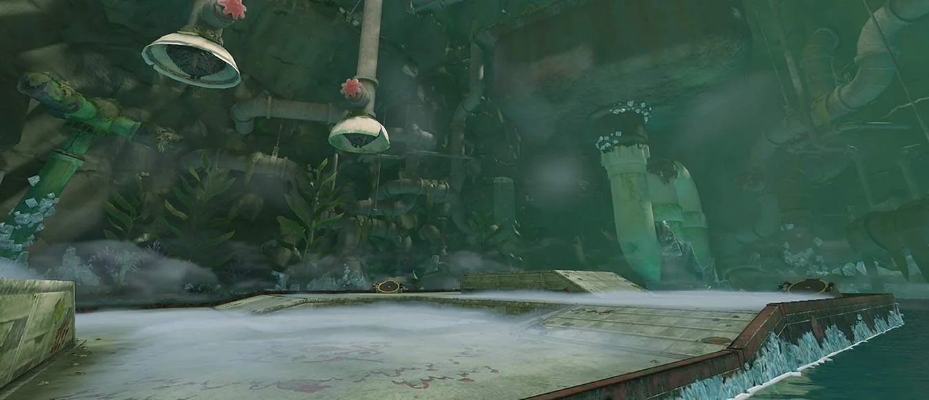 A green-lit industrial ruin with ramps and hanging machinery in Splatoon Raiders