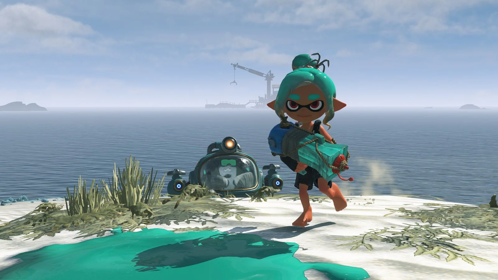 The armed Mechanic crossing friendly ink on an early island beach with Bot Buddy close behind in Splatoon Raiders